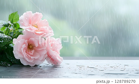 Pink roses blooming in the rain with droplets on a smooth surface and blurred background 128789270