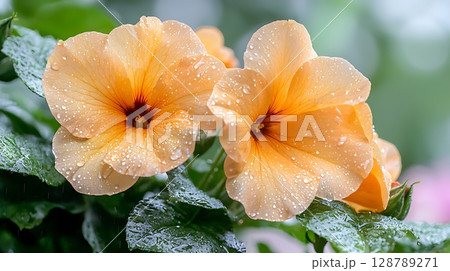 Close-Up of Delicate Orange Flowers with Water Drops in a Lush Green Garden Scene 128789271