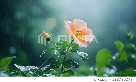 Delicate Pink Flower Blooming Amidst Rain with Green Leaves and Soft Background Blur 128789272