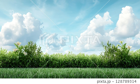 Lush Green Landscape with Vibrant Plants and Fluffy Clouds on a Clear Blue Sky 128789314