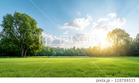 Expansive Green Grass Field Under Bright Sky with Sunlight and Soft Clouds at Dusk 128789315