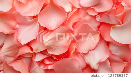 Delicate Pink Rose Petals Spread Across a Soft Background Creating an Elegant Atmosphere 128789337