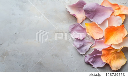 Soft Pastel Flower Petals on Textured Gray Background for Creative Floral Designs 128789338