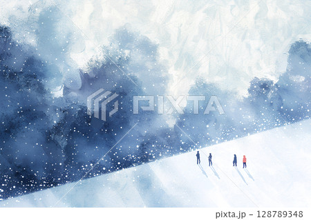 雪の林の散策風景(水彩画) 雪の林の散策風景(水彩画) 128789348