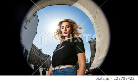 Urban vibe meets elegance in this stunning portrait as sunlight illuminates the scene. 128789422