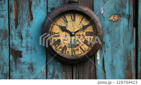 Vintage charm meets rustic art as an old clock graces a weathered blue wooden wall 128789423