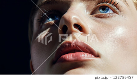 Close-up shot capturing the intricate details of a pensive face, bringing emotion and depth to life 128789457
