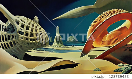 Surreal landscape with futuristic structures under a deep blue sky, blending curves and lines in harmony 128789488