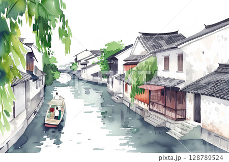 倉敷の街並みをイメージした美しい水彩画 倉敷の街並みをイメージした美しい水彩画 128789524