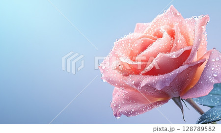 Close-Up of a Pink Rose with Water Drops on Petals Against a Soft Blue Background 128789582