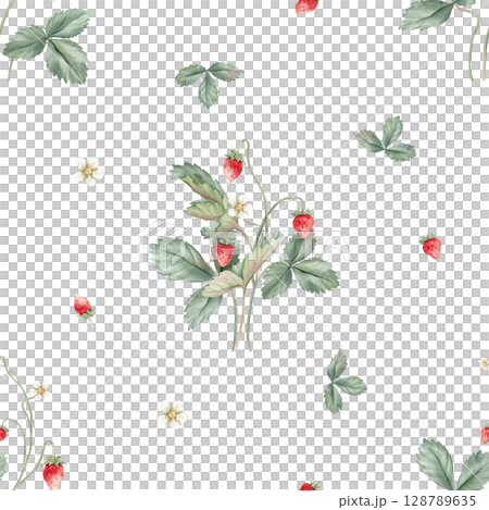 Botanical, kids style seamless pattern with wild strawberry flowers and berries on a white background. Background for children's room decor, wallpaper. Hand drawn illustration woodland strawberries. Botanical, kids style seamless pattern with wild strawberry flowers and berries on a white background. Background for children's room decor, wallpaper. Hand drawn illustration woodland strawberries. 128789635