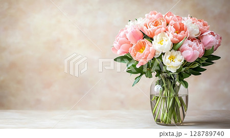 Beautiful bouquet of pink and white peonies in a clear glass vase on a soft background 128789740