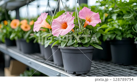Vibrant Pink and Orange Petunia Flowers in Modern Greenhouse Setting Vibrant Pink and Orange Petunia Flowers in Modern Greenhouse Setting 128789754