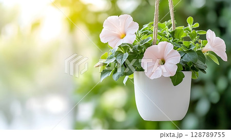 Hanging flower pot with pink blossoms and greenery in a bright natural background Hanging flower pot with pink blossoms and greenery in a bright natural background 128789755