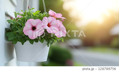 Beautiful Pink Flowers in Hanging Planter with Sunlight and Soft Focus Background Beautiful Pink Flowers in Hanging Planter with Sunlight and Soft Focus Background 128789756