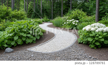 Curved Pathway Through Lush Green Garden Surrounded by Vibrant White Hydrangeas Curved Pathway Through Lush Green Garden Surrounded by Vibrant White Hydrangeas 128789781