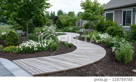 Scenic Curved Pathway Through Lush Garden Surrounded by Vibrant Flowers and Greenery 128789788