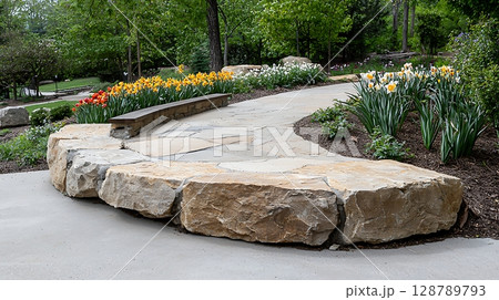 Serene Landscape Pathway with Stone Border and Vibrant Flower Garden in Springtime Setting 128789793