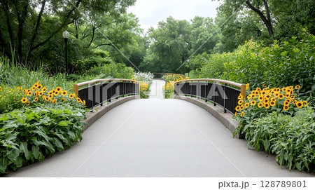 Tranquil garden path with vibrant flowers and a charming wooden bridge in a lush landscape 128789801