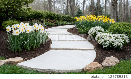 Serene Garden Pathway Surrounded by Colorful Flowers and Greenery in Springtime Landscape 128789818