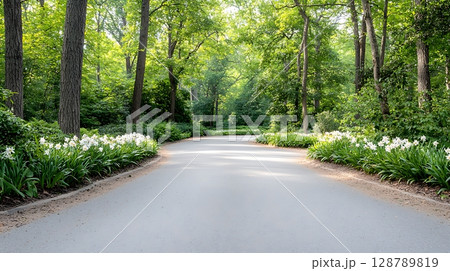 Serene tree-lined path with vibrant green foliage and blooming flowers in tranquil park setting 128789819