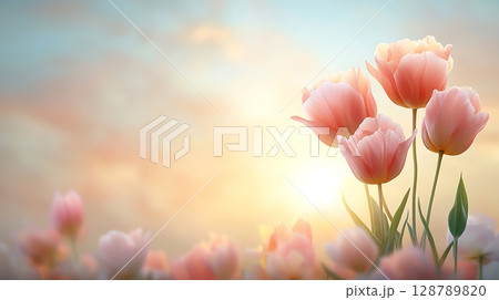 Beautiful Pink Tulips Blooming Against a Soft Sunrise Sky with Pastel Colors in Background 128789820