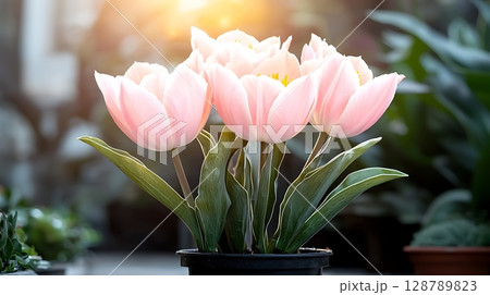 Soft Pink Tulips in Pot with Sunlight Background for Floral and Garden Themes 128789823
