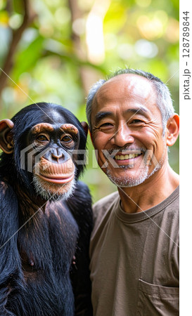 カメラ目線のチンパンジーと日本人男性（AI生成画像） 128789844