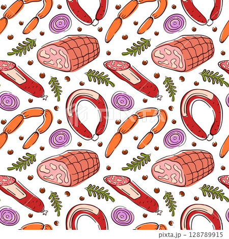 Seamless red flat style pattern with sausage, ham, herbs, onion slice and peppercorn. Perfect for butcher shop package, kitchen wallpaper, menu cafe or traditional meat cuisine design. Seamless red flat style pattern with sausage, ham, herbs, onion slice and peppercorn. Perfect for butcher shop package, kitchen wallpaper, menu cafe or traditional meat cuisine design. 128789915
