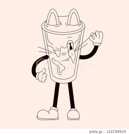 Groovy drink cat character in shape of Iced cold brew coffee with ears and whiskers in line art style. Retro mascot isolated on a light background. 128789929