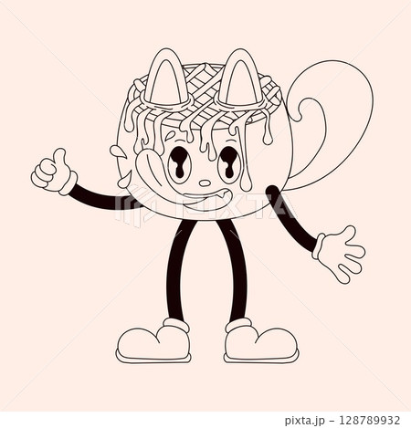 Groovy drink cat character licks caramel in line art style. Cup of coffee with dripping caramel in cartoon style isolated on a light background. Groovy drink cat character licks caramel in line art style. Cup of coffee with dripping caramel in cartoon style isolated on a light background. 128789932