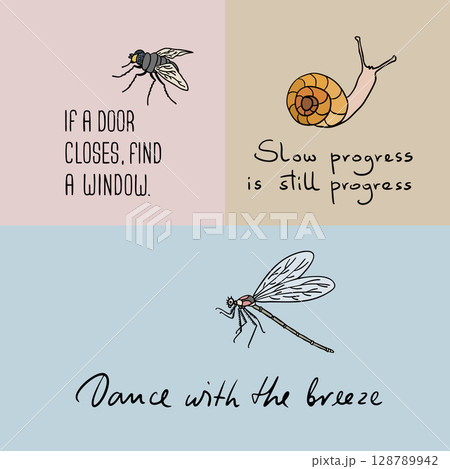 Uplifting Bug Illustrations with Fly, Snail and Dragonfly 128789942