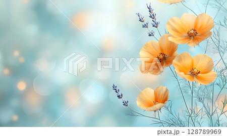 Delicate Orange Flowers with Lavender Against a Soft Blurred Background in Pastel Tones 128789969