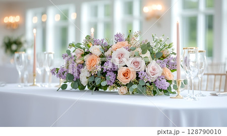 Elegant Flower Arrangement with Soft Pastel Roses and Lavender on Wedding Reception Table Elegant Flower Arrangement with Soft Pastel Roses and Lavender on Wedding Reception Table 128790010