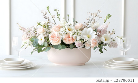 Elegant Floral Centerpiece Arrangement with Soft Pink Roses and White Blossoms in Modern Vase 128790011