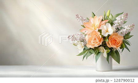 Elegant floral arrangement with peach roses, white lilies, and lilac blossoms in a vase 128790012