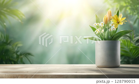 Bright and Fresh Floral Arrangement in Pot on Wooden Table Surrounded by Greenery 128790015