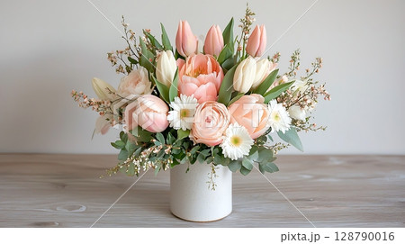 Beautiful Spring Flower Arrangement with Tulips and Roses in a Simple White Vase 128790016