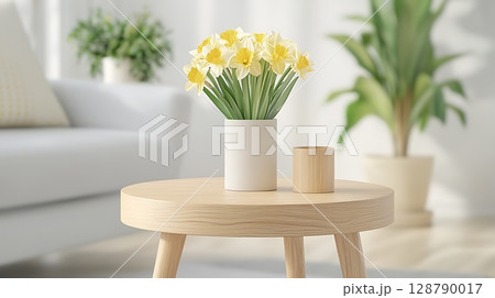 Bright and Cheerful Living Room Decor with Yellow Flowers in Modern Vase on Wooden Table 128790017