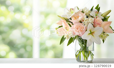 Elegant Arrangement of Fresh Flowers in Glass Vase with Soft Background and Natural Light 128790019