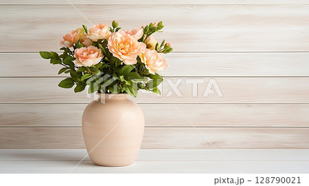 Beautiful peach-colored flowers in a ceramic vase on a wooden background for decor 128790021