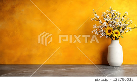 Bright Floral Arrangement in White Vase Against Vibrant Yellow Wall Background Bright Floral Arrangement in White Vase Against Vibrant Yellow Wall Background 128790033