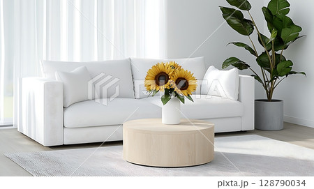 Bright Living Room with White Sofa, Sunflowers, and Potted Plant for Modern Home Decor Bright Living Room with White Sofa, Sunflowers, and Potted Plant for Modern Home Decor 128790034