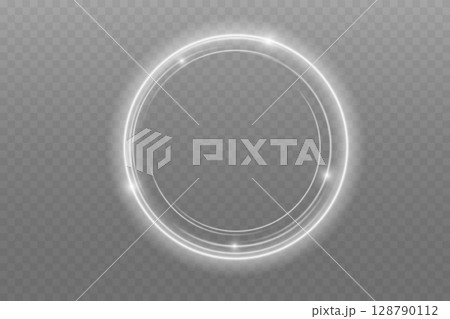 Luminous Spiral Light Twirl with Shiny Wave Motion, White Glowing Particles. Glitter silver neon circle ring frame. Light white Twirl. Curve light effect of white line. Abstract luxury white light 128790112