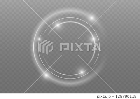 Luminous Spiral Light Twirl with Shiny Wave Motion, White Glowing Particles. Glitter silver neon circle ring frame. Light white Twirl. Curve light effect of white line. Abstract luxury white light 128790119