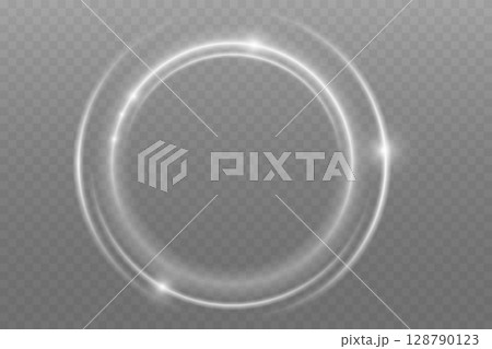 Luminous Spiral Light Twirl with Shiny Wave Motion, White Glowing Particles. Glitter silver neon circle ring frame. Light white Twirl. Curve light effect of white line. Abstract luxury white light 128790123