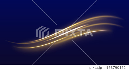 Curved yellow light lines on transparent background. Gold swirl with flare sparkles. Blurred overlay effect for photo and mockups 128790132