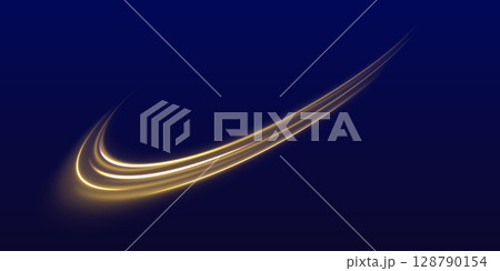 Curved yellow light lines on transparent background. Gold swirl with flare sparkles. Blurred overlay effect for photo and mockups Curved yellow light lines on transparent background. Gold swirl with flare sparkles. Blurred overlay effect for photo and mockups 128790154