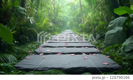 Serene Stone Pathway Through Lush Green Jungle with Delicate Flower Petals 128790166