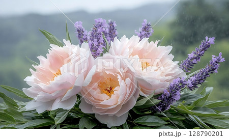Beautiful arrangement of pink peonies and lavender against a lush green background in nature Beautiful arrangement of pink peonies and lavender against a lush green background in nature 128790201
